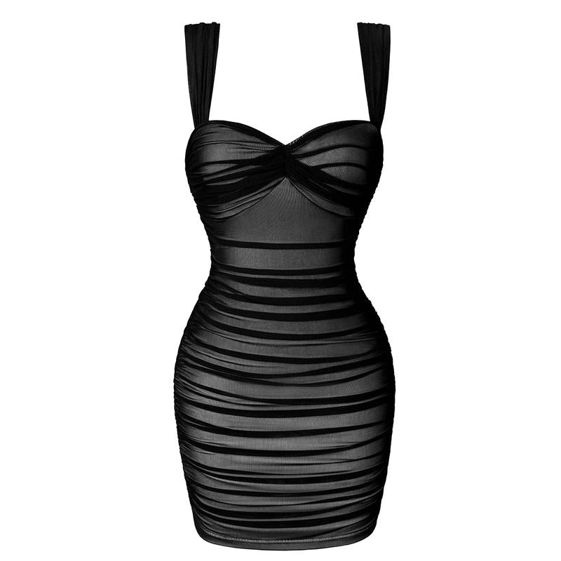 HYZ Women'S Summer Sexy Bodycon Sleeveless Tank Straps Mesh Ruched Mini Party Dress