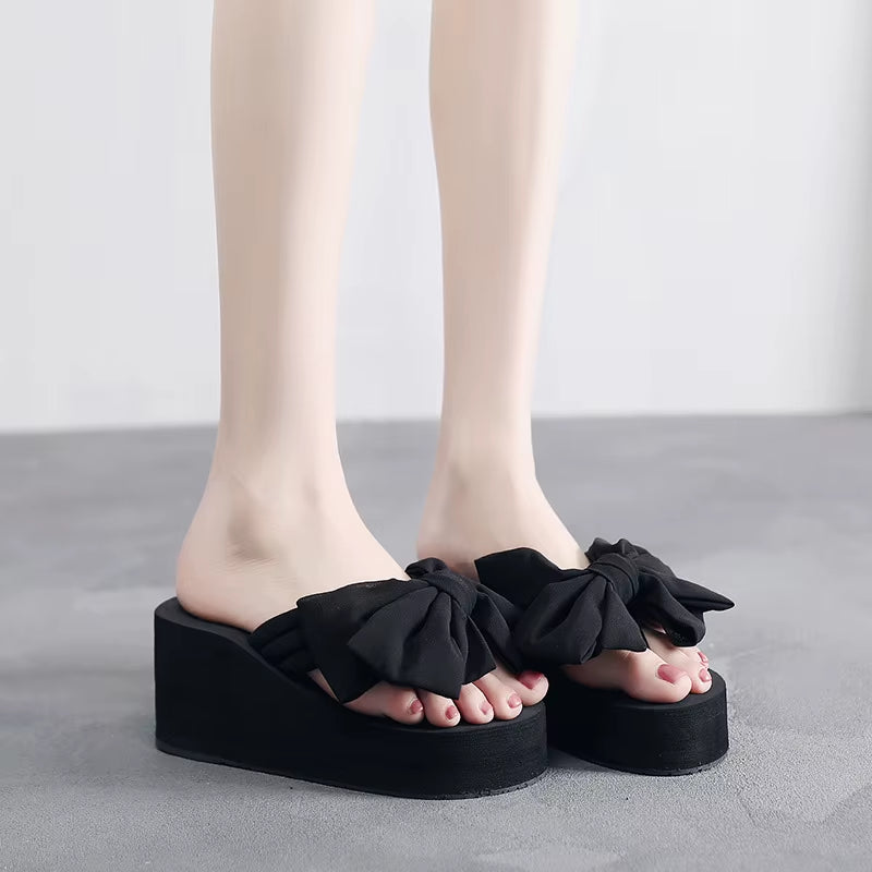 6Cm High Heel Women'S Fashion Wear Casual Sandals and Slippers Summer Fashion New Elegant Bow Sandals Womens Slippers Indoor