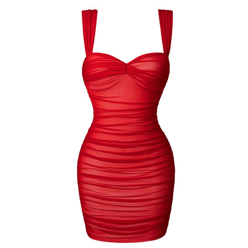 HYZ Women'S Summer Sexy Bodycon Sleeveless Tank Straps Mesh Ruched Mini Party Dress