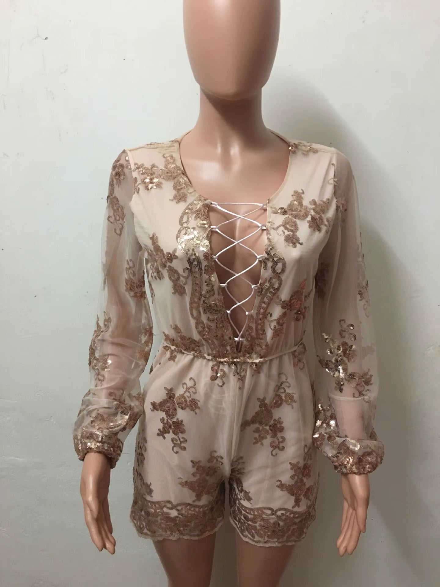 Sequined Club Playsuit Sexy Women V-Neck Long Sleeve Elegant Autumn Casual Sequin Romper Jumpsuit