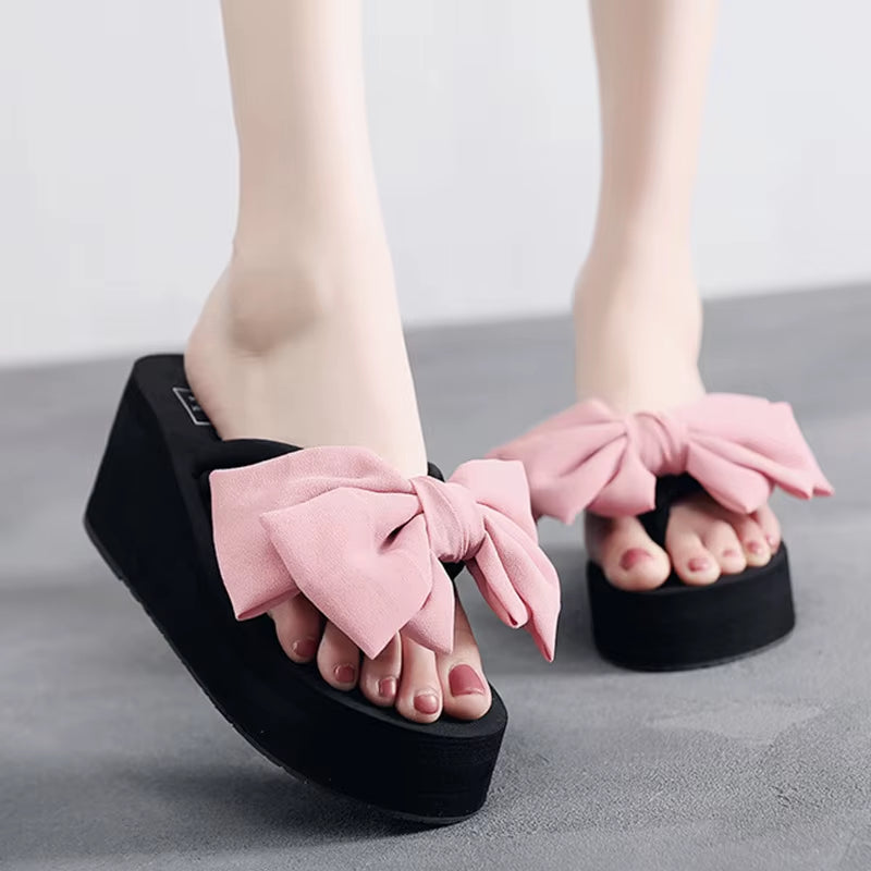 6Cm High Heel Women'S Fashion Wear Casual Sandals and Slippers Summer Fashion New Elegant Bow Sandals Womens Slippers Indoor